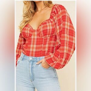 Free People red & orange plaid vintage crop top princess sleeves corset shape M